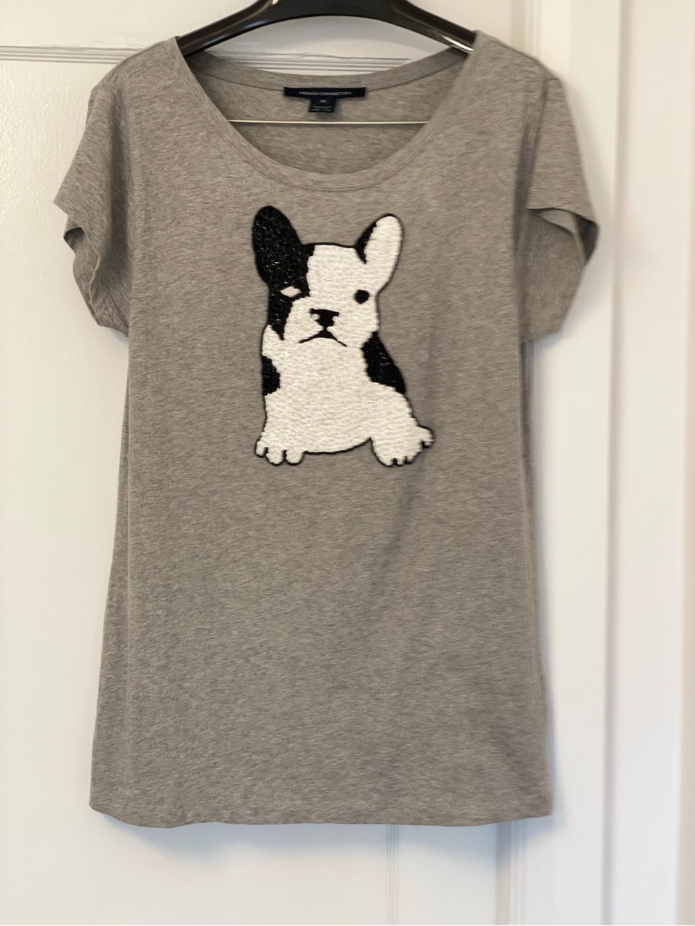 French Connection Gray Tee with Black & White Sequined French Bulldog Appliqué